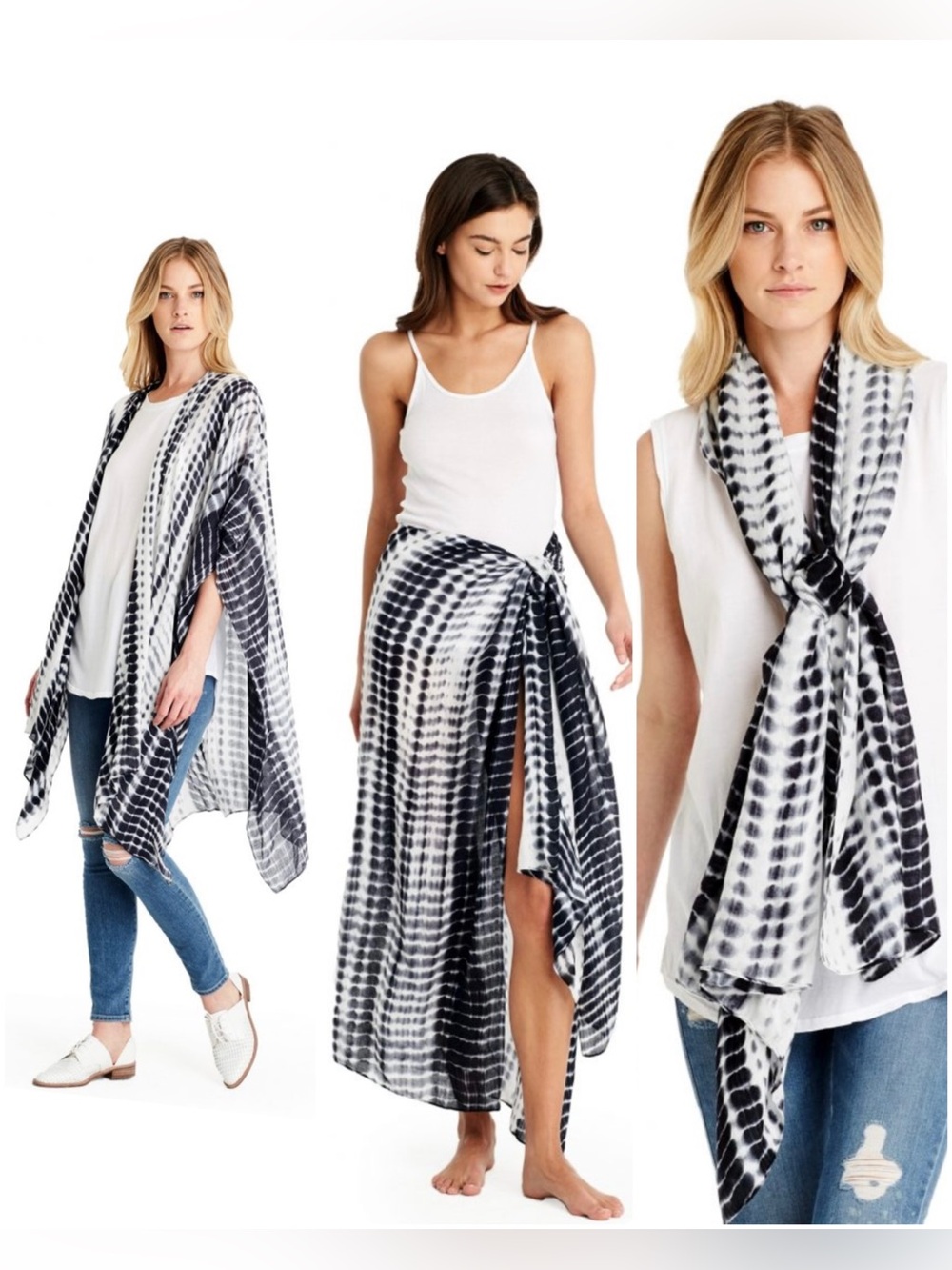 Michael Stars x FabFitFun Black & White Tie-Dye Convertible Kimono Scarf Wrap On